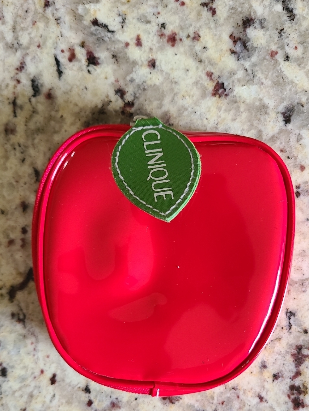 Clinique Shiny Red Apple Cosmetic Pouch with Green Leaf Tag